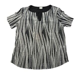 Espresso Womens Black Silver Glitter Zebra Print V Neck Short Sleeve Top Size PS